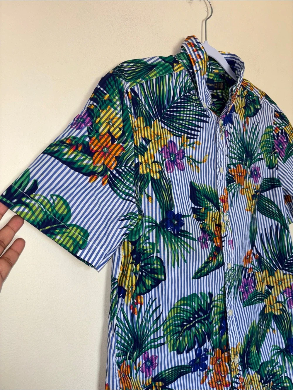 Ralph Lauren Boys Sz XL Striped Floral Cotton Shirt Tropical Vacation Preppy